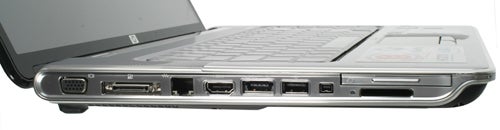 Side view of HP Pavilion dv5-1011ea laptop showing ports.HP Pavilion dv5 laptop side showing ports and DVD drive.
