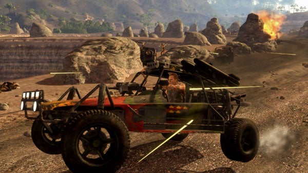 In-game screenshot of Mercenaries 2 with vehicle and explosion.Screenshot of Mercenaries 2 gameplay with vehicle and explosion.