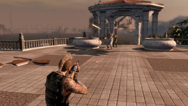 Screenshot of gameplay from Mercenaries 2: World in Flames.Character aiming gun in Mercenaries 2: World in Flames game.
