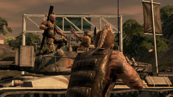 Screenshot from Mercenaries 2 game showing soldiers in combat.Screenshot of gameplay from Mercenaries 2 video game.