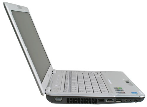 Toshiba Portégé M800-106 notebook open at an angleToshiba Portégé M800-106 notebook open on a white surface.