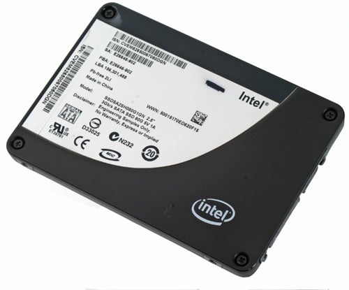 Intel X25-M 80GB SSD product image on white background.Intel X25-M 80GB SSD on a white background.