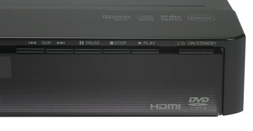 Close-up of Toshiba XD-E500 Upscaling DVD Player front panel.