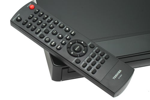 Toshiba XD-E500 DVD player with remote control.