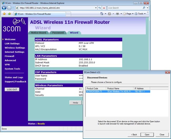 Screenshot of 3Com ADSL Wireless Router configuration interface.Screenshot of 3Com ADSL Firewall Router configuration interface.