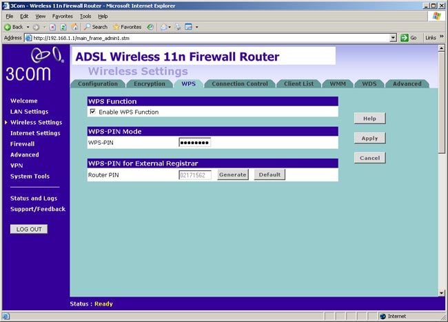 Screenshot of 3Com ADSL Wireless Router configuration interface.Screenshot of 3Com ADSL Wireless Router interface.