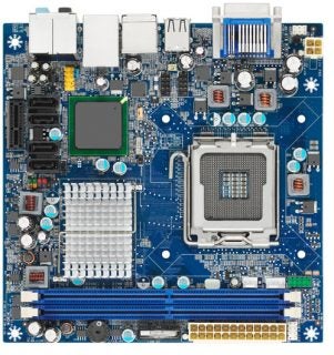 Intel DG45FC Mini-ITX motherboard with heatsinks and rear I/O ports.