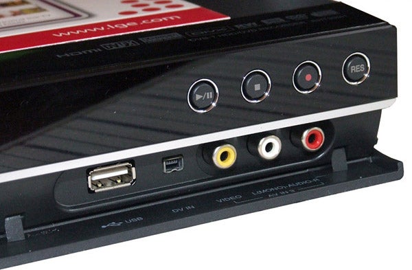 Close-up of LG RHT399H DVD/HDD Recorder front inputs and buttons.