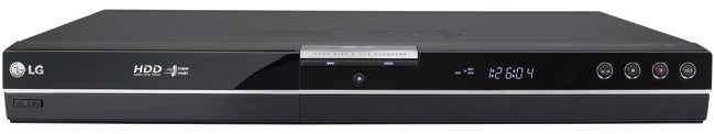 LG RHT399H DVD/HDD Recorder front view displaying digital clock.