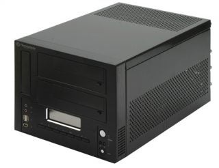 Compact black gaming PC tower with front audio and USB ports