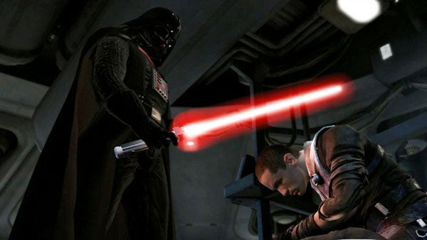 Darth Vader confronting character in Darth Vader confronting a character with a lightsaber.