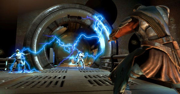 Star Wars The Force Unleashed game screenshot with lightning power.Star Wars game screenshot with character using force lightning.