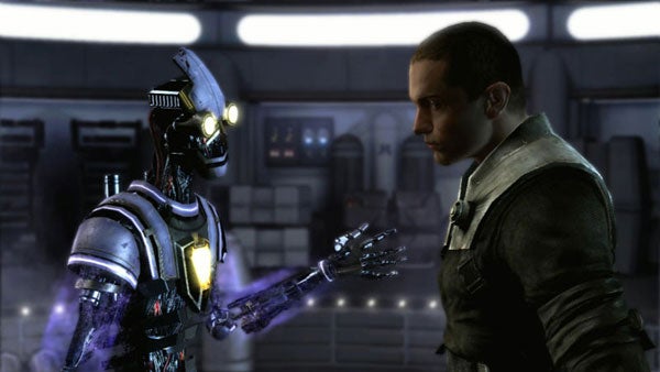 Star Wars character facing cyborg in a sci-fi setting.Star Wars character confronting a robotic figure in a spaceship.