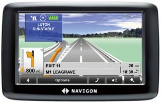 Navigon 2150 Max GPS device displaying a route on screen.