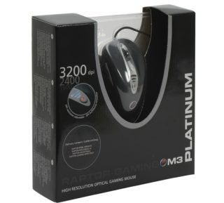 Raptor Gaming M3 Platinum Mouse packaging with specifications.