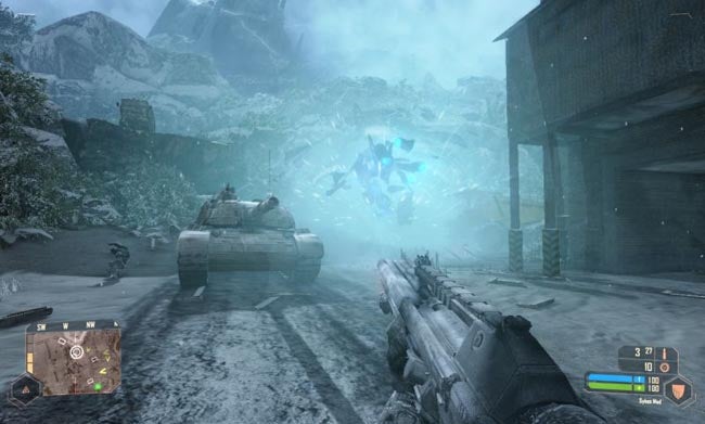 Screenshot of Crysis Warhead gameplay with snowy environment.Screenshot of Crysis Warhead gameplay with tank and alien ice explosion