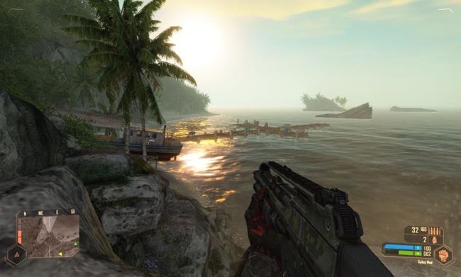 Screenshot of Crysis Warhead gameplay showing beach and sun glare.Screenshot of Crysis Warhead gameplay with tropical scenery.