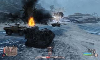 Screenshot of Crysis Warhead video game with combat scene.