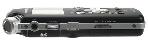 Olympus LS-10 Digital Voice Recorder on white background.Olympus LS-10 Linear PCM Recorder side profile view.
