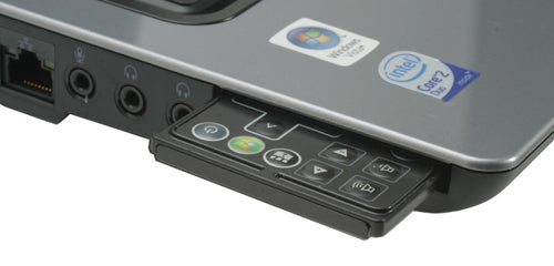 Close-up of Dell Studio 15 notebook's multimedia buttons.Close-up of Dell Studio 15 notebook's media control buttons.