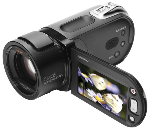 Black digital camcorder with flip-out screen displaying a butterfly image.Black digital camcorder with flip-out screen displaying a butterfly.