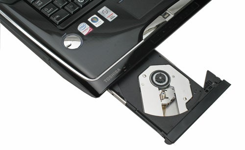 Toshiba Qosmio G50 laptop with open optical drive.Toshiba Qosmio G50 laptop with an open optical drive.