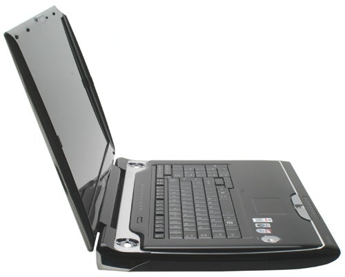 Toshiba Qosmio G50-115 Notebook with open lid on white background.Toshiba Qosmio G50-115 notebook with screen open