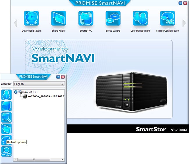 Promise SmartStor NS2300N device with SmartNAVI software interface.SmartStor NS2300N device and software interface screenshot.
