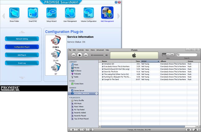SmartStor NS2300N interface with iTunes server configuration.Screenshot of SmartStor NS2300N interface and iTunes plugin.