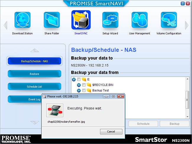 Screenshot of PROMISE SmartStor NS2300N backup software interface.SmartStor NS2300N interface with backup schedule options displayed.