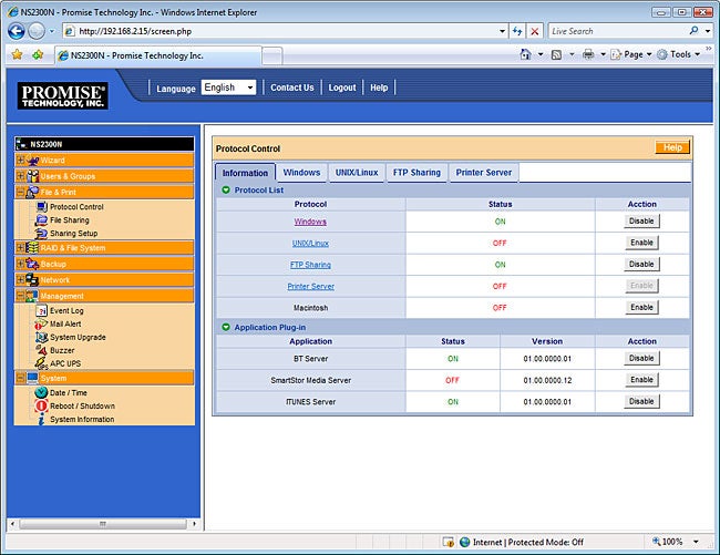 Screenshot of SmartStor NS2300N network storage interface.SmartStor NS2300N interface screenshot with protocol controls.