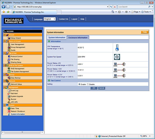 Screenshot of SmartStor NS2300N system information interface.SmartStor NS2300N interface displaying system information and settings