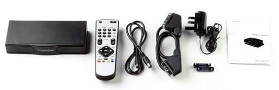 TVonics MDR-250 Freeview Receiver with remote and accessories.