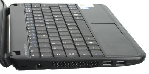 Close-up of MSI Wind U100-291UK netbook keyboard and ports