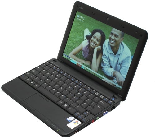 MSI Wind U100-291UK netbook with open lid displaying screen.MSI Wind U100-291UK netbook with open lid displaying a screen image.