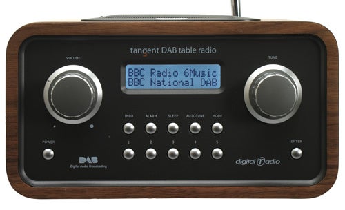 Tangent Trio DAB radio with wooden casing and digital display.