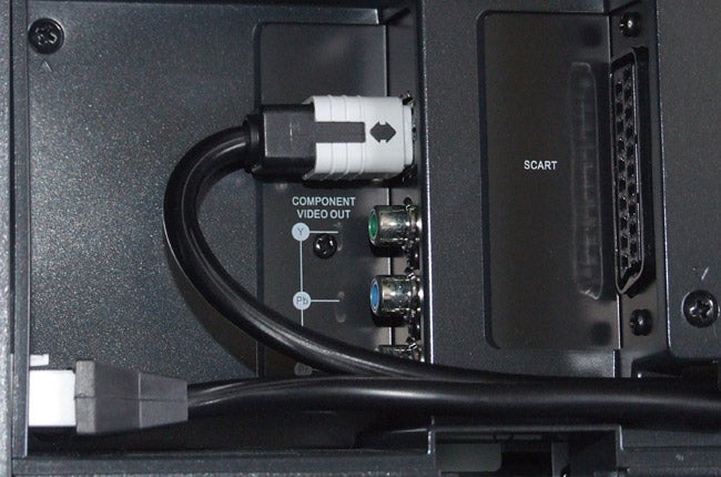 Close-up of Philips Soundbar's component and SCART connectors.Close-up of Philips Soundbar's component video and SCART connections.