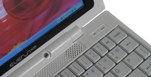 Close-up of Raon Digital Everun Note mini-laptop keyboard and screen.