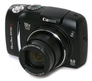 Canon PowerShot SX110 IS digital camera on white background.