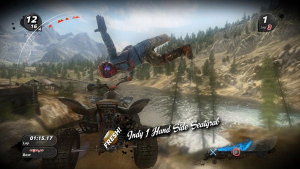 Screenshot of Pure game showing ATV mid-trick over rugged terrain.