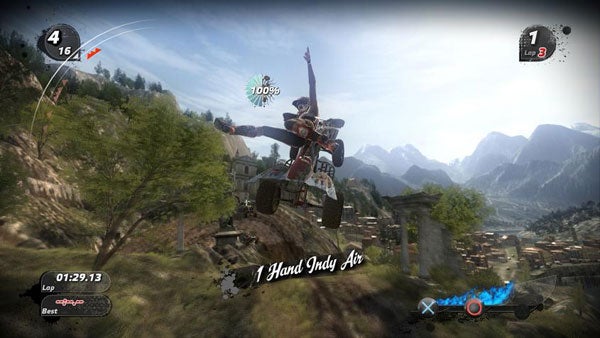 Screenshot of 'Pure' video game showing mid-air ATV trick.