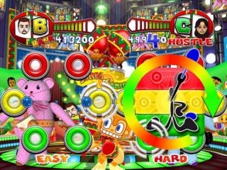 Screenshot from Samba De Amigo video game showing gameplay and scores.