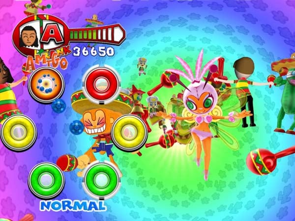 Samba De Amigo gameplay screenshot featuring vibrant characters and music notes.