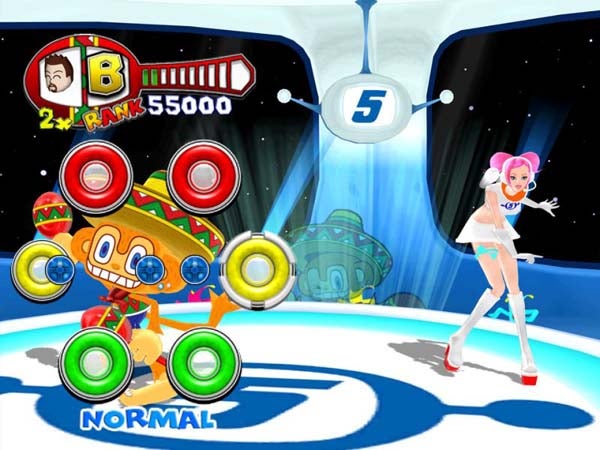 Screenshot of Samba De Amigo gameplay with character and score display.