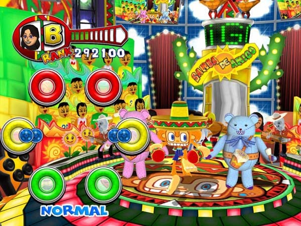 Screenshot of Samba De Amigo gameplay showing colorful characters and interface.