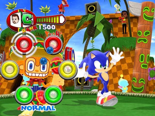 Screenshot of Samba De Amigo game with Sonic dancing.