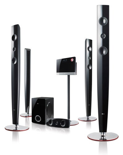 LG HT953TV Home Cinema System with tall speakers and subwoofer.