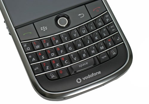 Close-up of BlackBerry Bold 9000 keyboard and trackball.