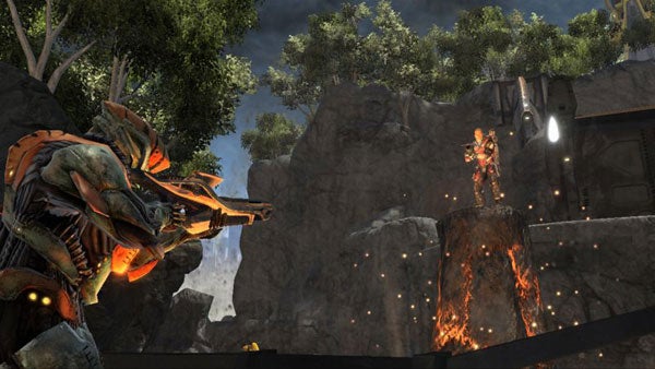Screenshot of a creature shooting a lava gun in a video game.