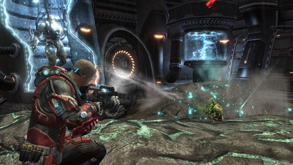 Character in a video game firing a weapon at an enemy.